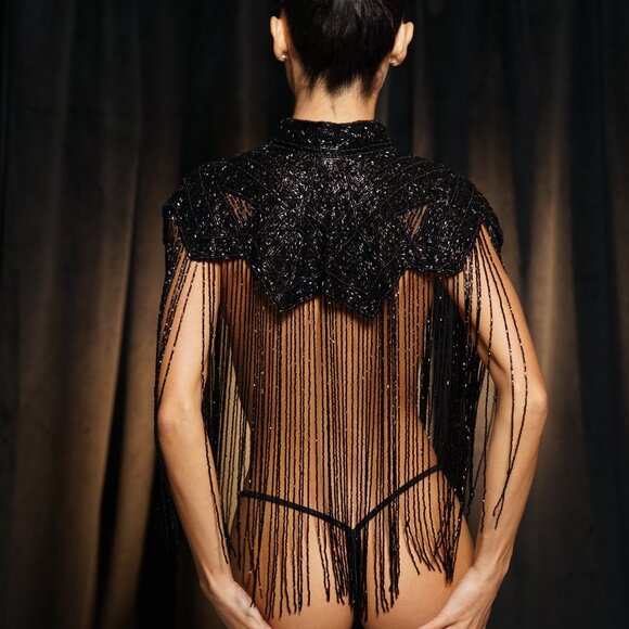 Black Fringe Cape, Beaded Rhinestone Shawl, Luxury Sequin Cape - Picture 10 of 13